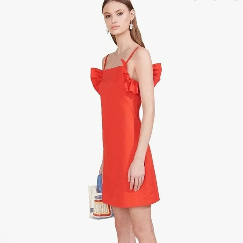 STAUD Coral-Red Ruffle Strap Mini Dress